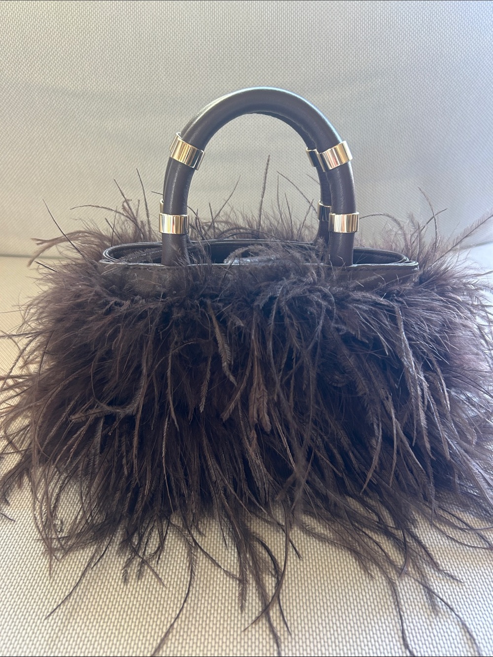 J. lowery Dark Brown Feather Tote Bag with Gold-Accent Handles